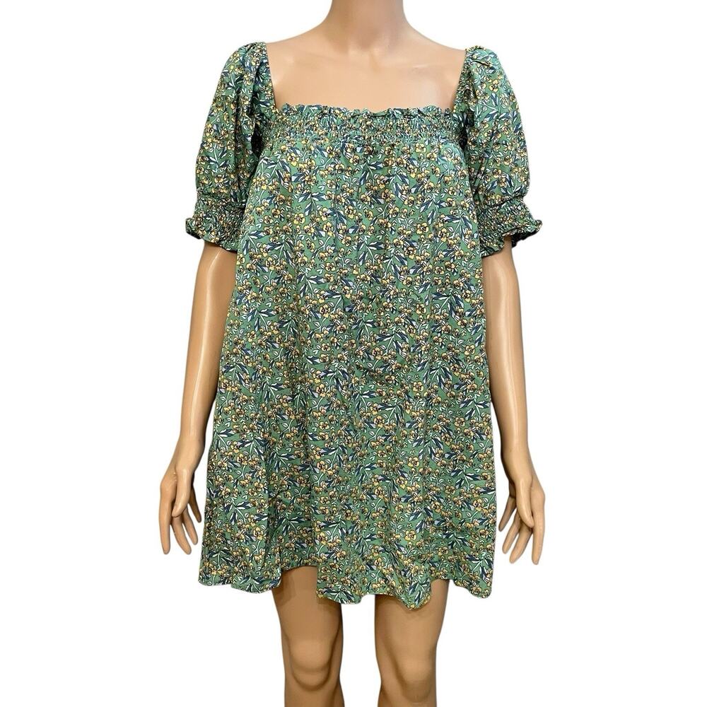 Green Floral Square-Neck Mini Dress with Puff Sleeves
